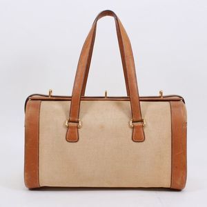 Hermes Leather And Canvas Brown And Beige Boston Bag Gold
